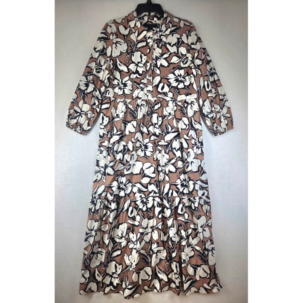 Cynthia Rowley Floral Tiered Midi Shirt Dress Mauve Black White Large